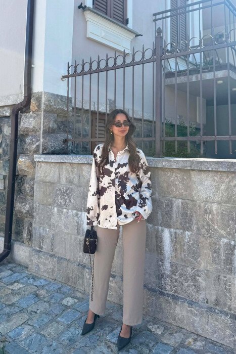 SATIN ABSTRACT DESIGN WOMEN SHIRT CREAM-OLIVE - 5