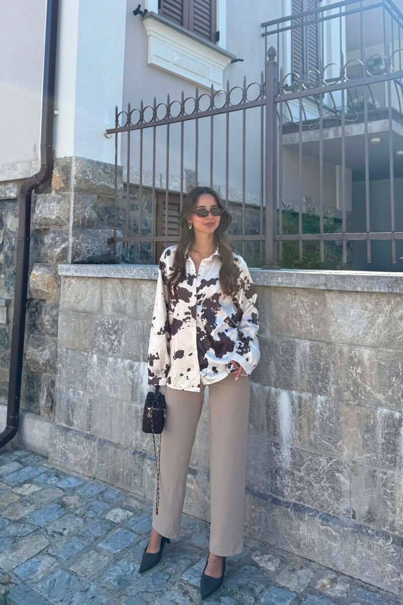 SATIN ABSTRACT DESIGN WOMEN SHIRT CREAM-OLIVE - 5