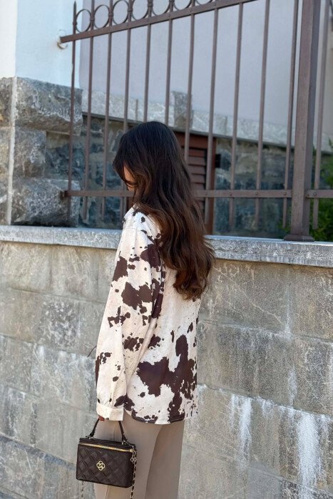 SATIN ABSTRACT DESIGN WOMEN SHIRT CREAM-OLIVE - 6