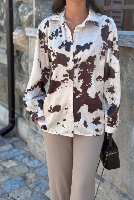 SATIN ABSTRACT DESIGN WOMEN SHIRT CREAM-OLIVE - 7