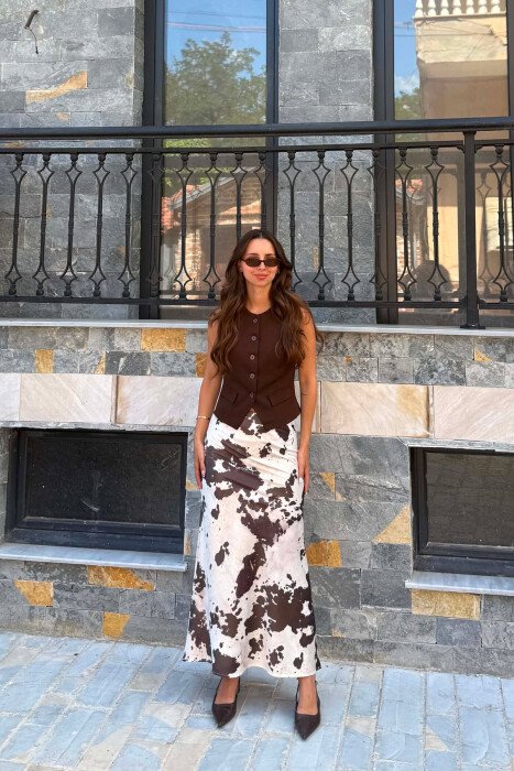 SATIN ABSTRACT LONG WOMEN SKIRT CREAM/KREM - 1