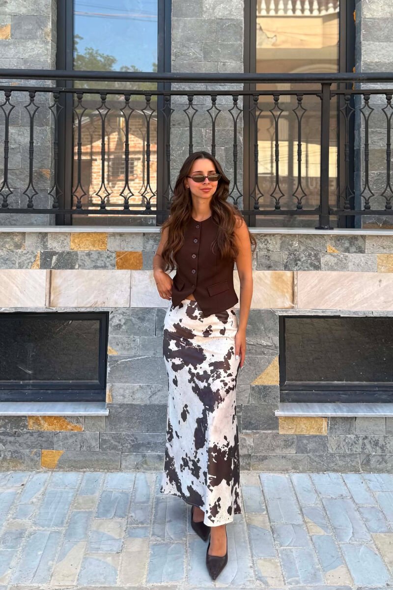 SATIN ABSTRACT LONG WOMEN SKIRT CREAM/KREM - 2