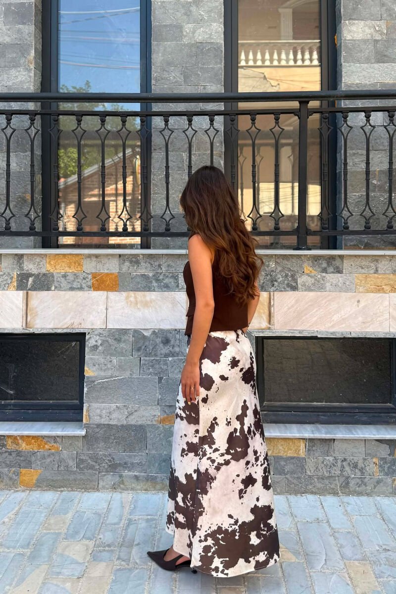 SATIN ABSTRACT LONG WOMEN SKIRT CREAM/KREM - 3