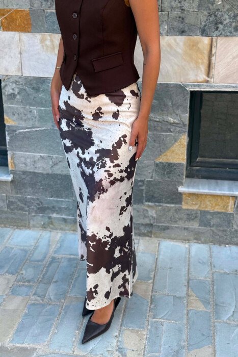 SATIN ABSTRACT LONG WOMEN SKIRT CREAM/KREM - 4