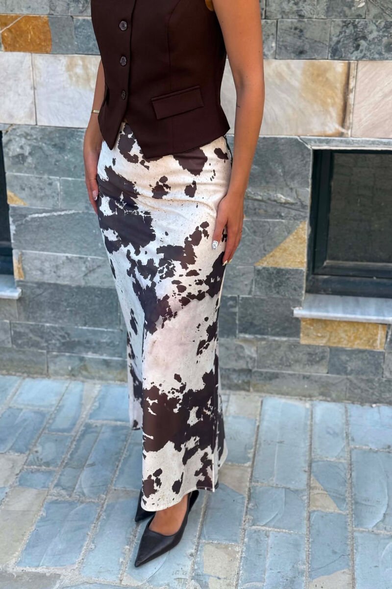 SATIN ABSTRACT LONG WOMEN SKIRT CREAM/KREM - 4