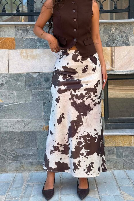 SATIN ABSTRACT LONG WOMEN SKIRT CREAM/KREM - 5