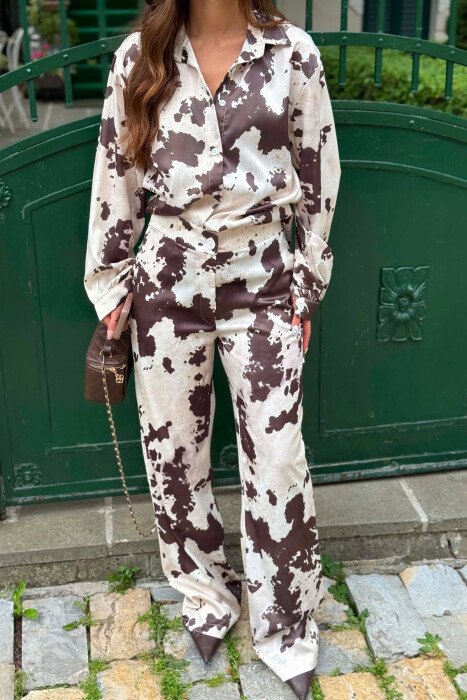 SATIN ABSTRACT SHIRT+ TROUSERS WOMEN SET CREAM-OLIVE - 2