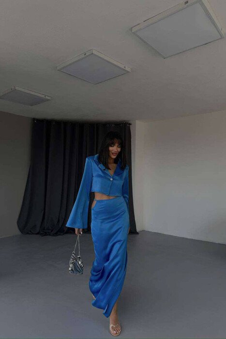 SATIN CROPPED SHIRT+LONG SKIRT WOMAN SET BLUE/BLU - 2