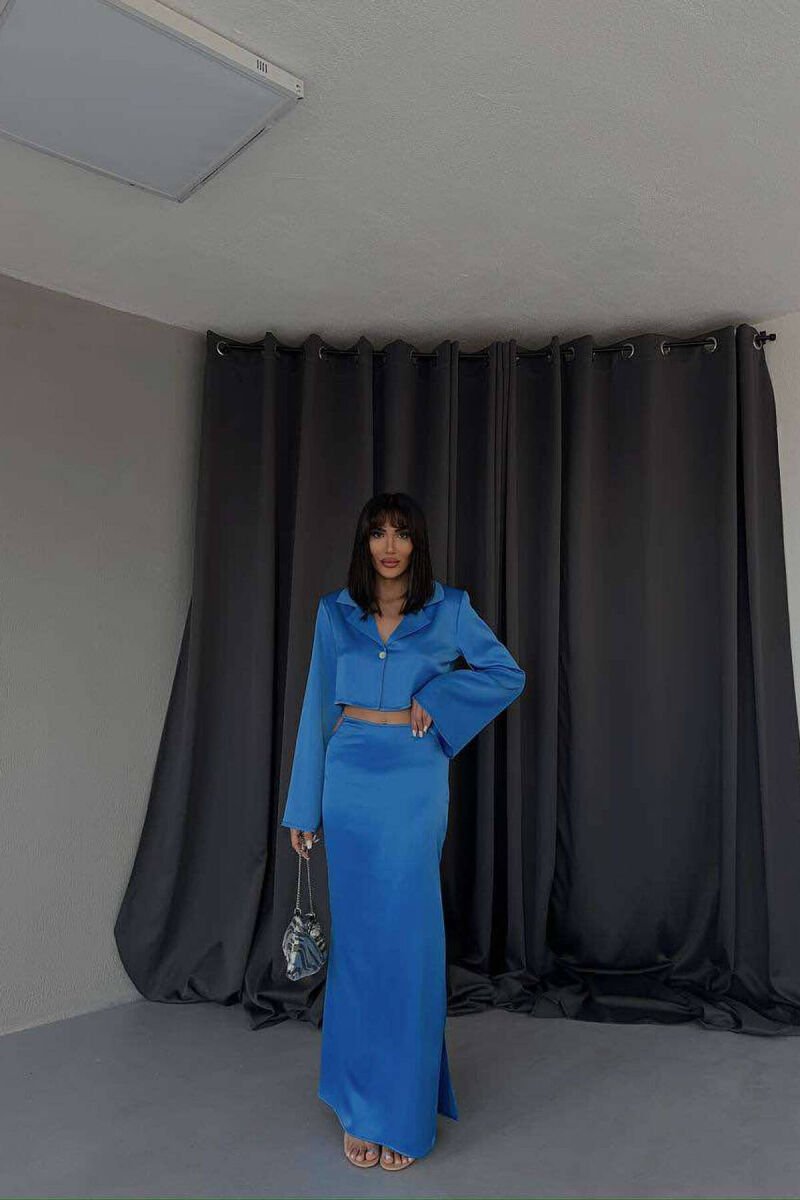 SATIN CROPPED SHIRT+LONG SKIRT WOMAN SET BLUE/BLU - 3
