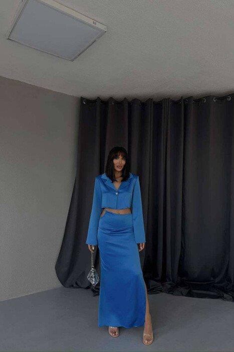 SATIN CROPPED SHIRT+LONG SKIRT WOMAN SET BLUE/BLU - 5