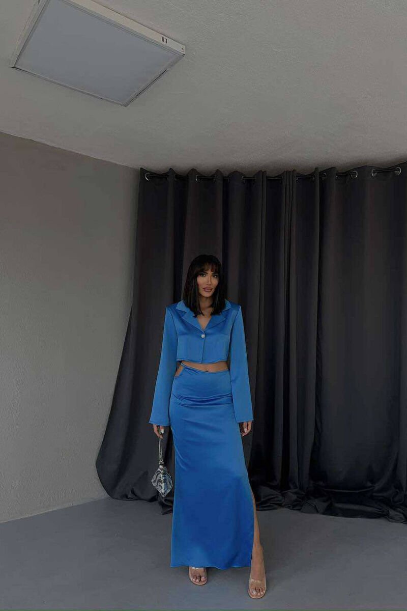 SATIN CROPPED SHIRT+LONG SKIRT WOMAN SET BLUE/BLU - 5