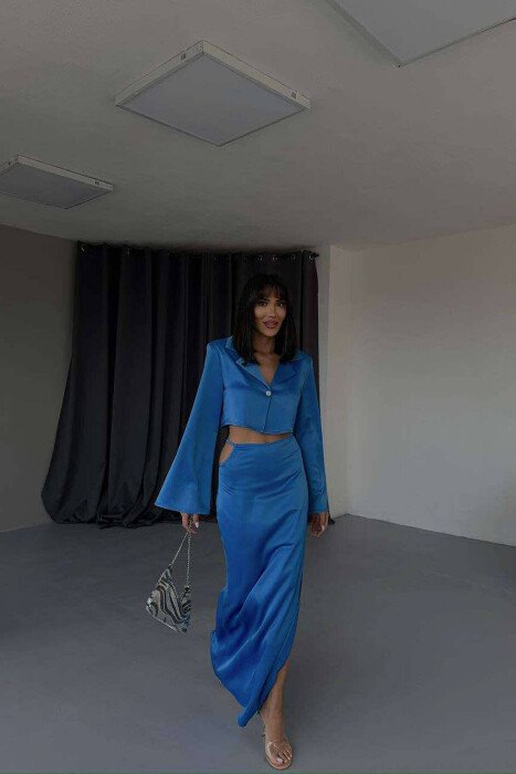 SATIN CROPPED SHIRT+LONG SKIRT WOMAN SET BLUE/BLU - 6