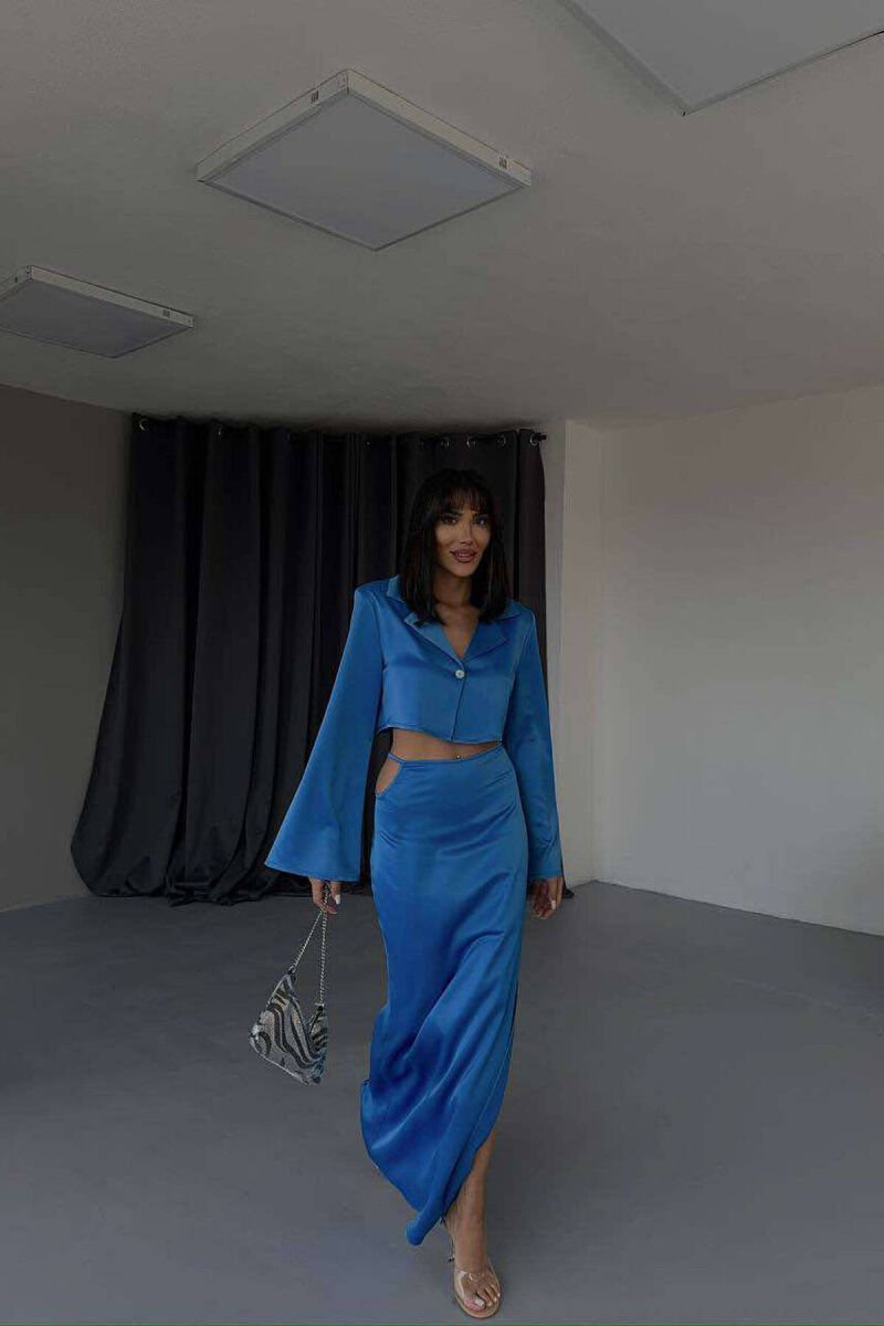 SATIN CROPPED SHIRT+LONG SKIRT WOMAN SET BLUE/BLU - 6