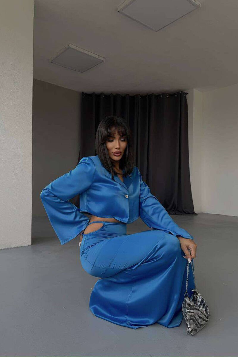 SATIN CROPPED SHIRT+LONG SKIRT WOMAN SET BLUE/BLU - 7