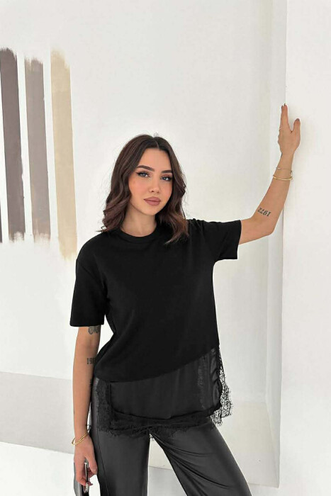 SATIN DETAIL WOMAN T-SHIRT BLACK/ E ZEZE - 1