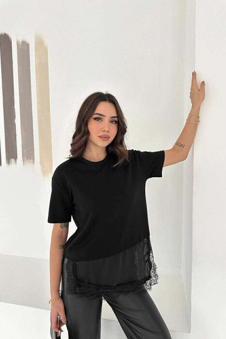 SATIN DETAIL WOMAN T-SHIRT BLACK/ E ZEZE - KLAUDIO FASHION