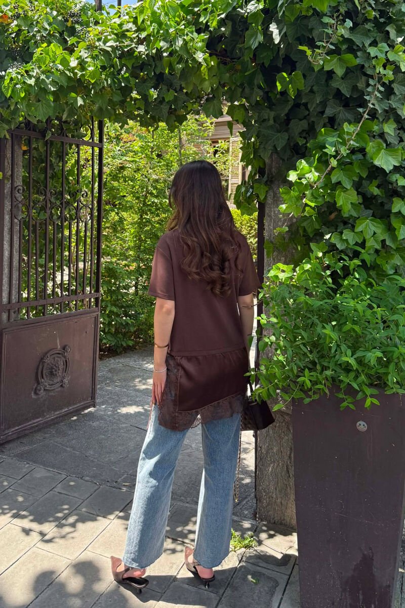 SATIN DETAIL WOMAN T-SHIRT BROWN/KAFE - 3