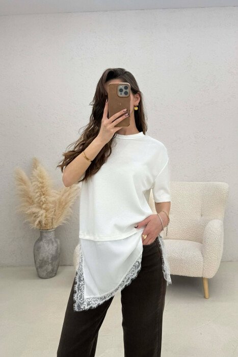 SATIN DETAIL WOMAN T-SHIRT WHITE-E BARDHE - KLAUDIO FASHION