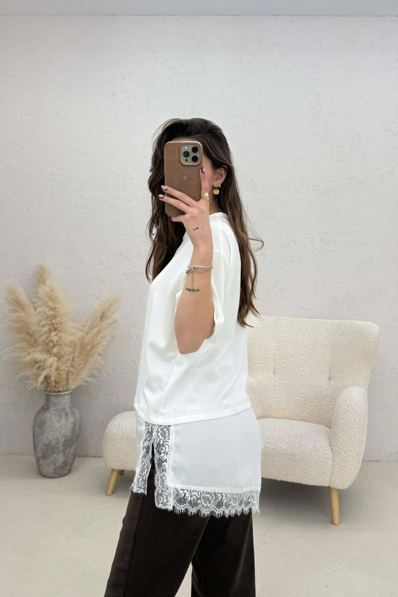 SATIN DETAIL WOMAN T-SHIRT WHITE-E BARDHE - 3