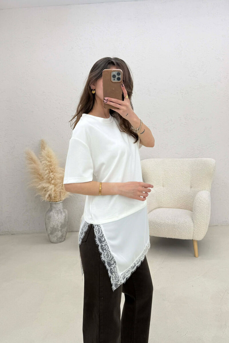 SATIN DETAIL WOMAN T-SHIRT WHITE-E BARDHE - 4