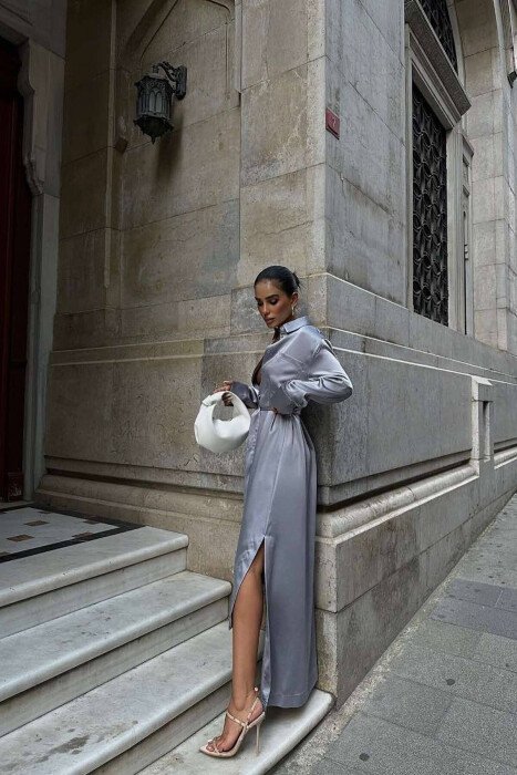 SATIN LONG BELT WOMAN DRESS GREY/GRI - KLAUDIO FASHION