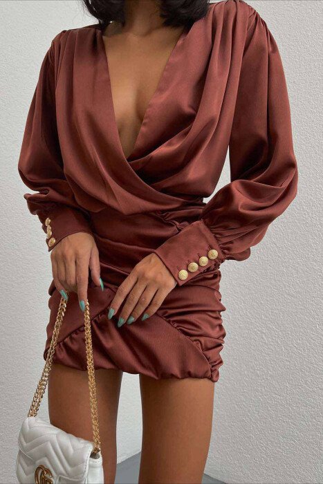 SATIN ONE COLOR SHORT DRESS BROWN/KAFE - KLAUDIO FASHION