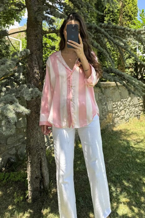 SATIN SIMPLE LONG SLEEVE WOMEN SHIRT POWDER/PUDER - KLAUDIO FASHION