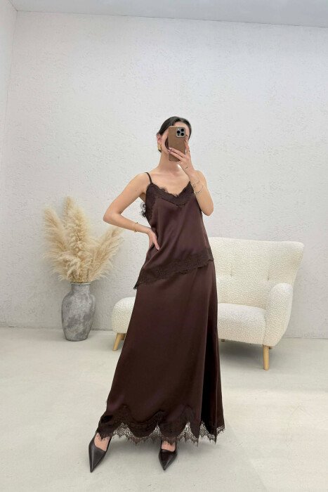SATIN TANK TOP + SKIRT WOMAN SET BROWN/KAFE - KLAUDIO FASHION