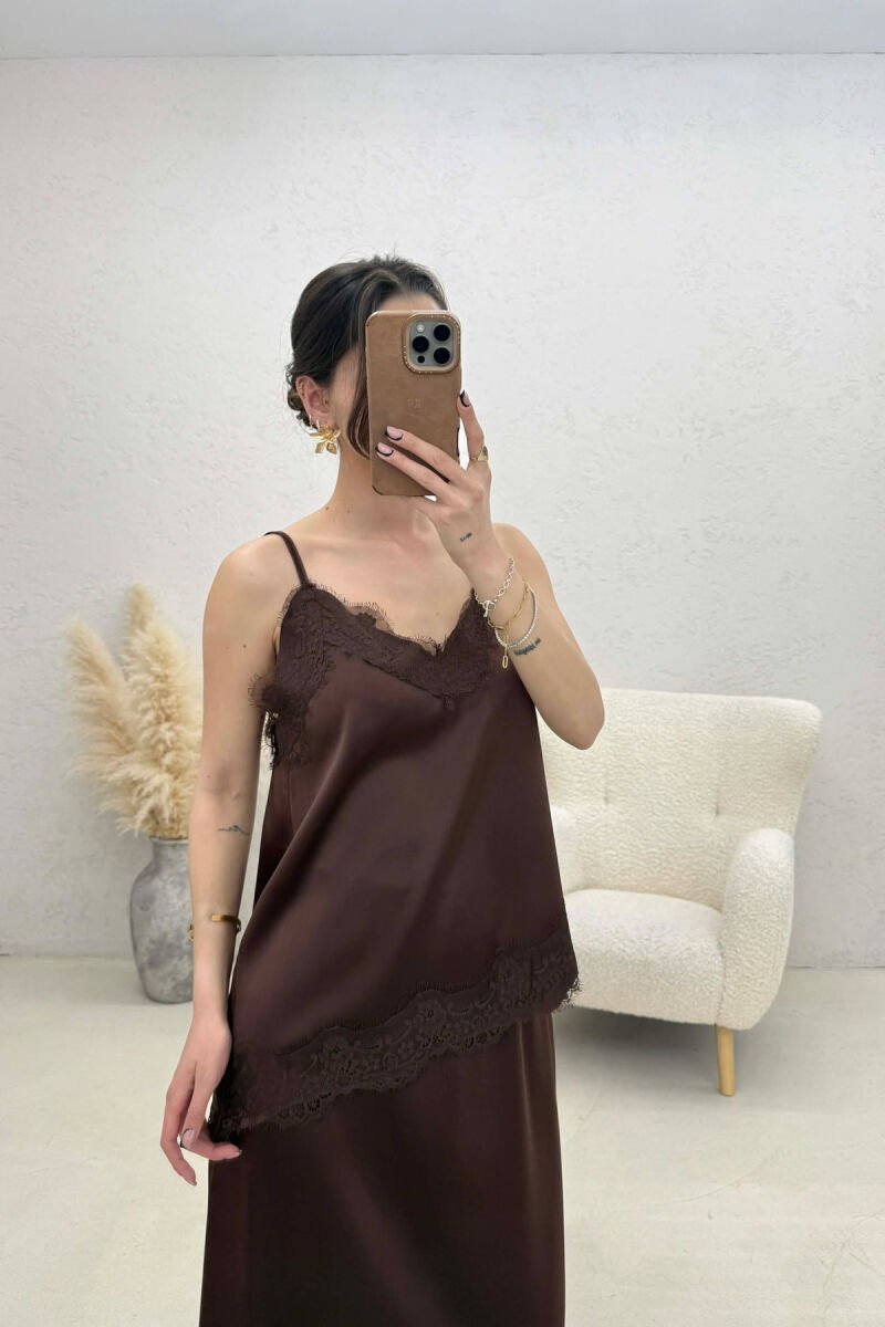 SATIN TANK TOP + SKIRT WOMAN SET BROWN/KAFE - 2