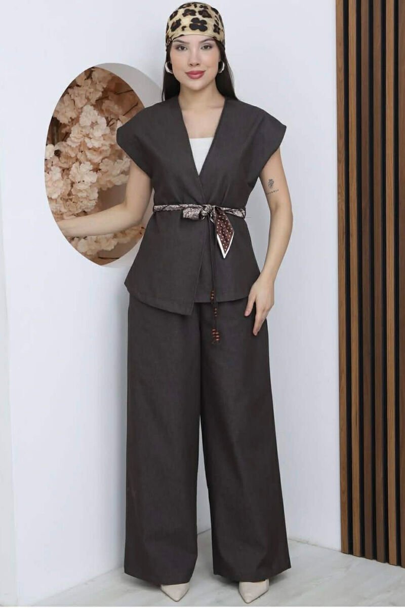SCARF BELT DETAIL VEST + TROUSERS DENIM WOMAN SET BROWN/KAFE - 1
