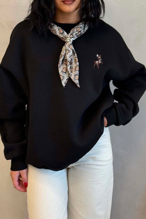 SCARF DETAIL DEER IMAGE FLUFFY WOMEN SWEATSHIRT BLACK/ E ZEZE - 4