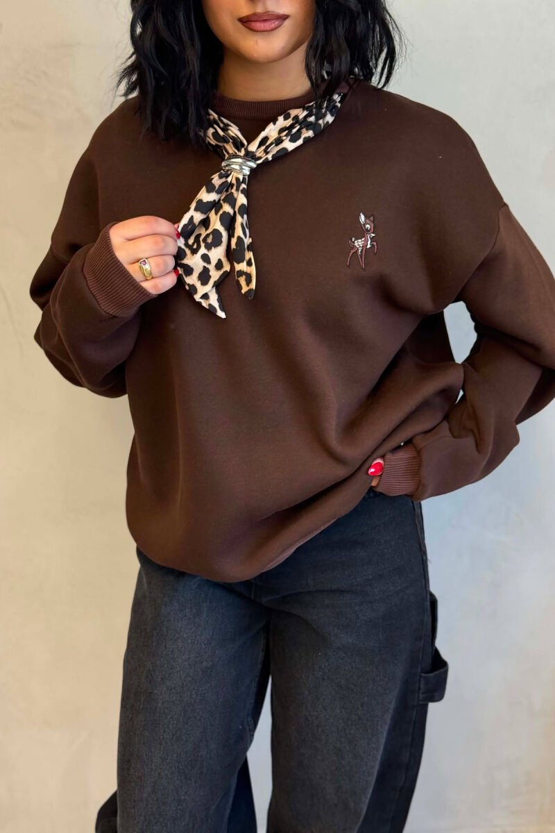 SCARF DETAIL DEER IMAGE FLUFFY WOMEN SWEATSHIRT BROWN/KAFE - 4