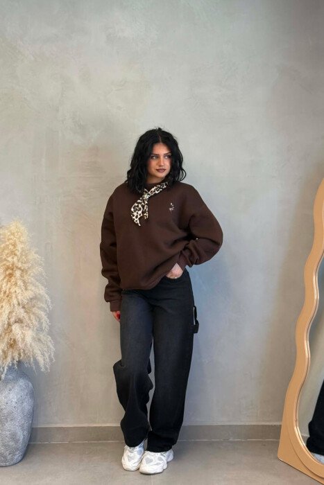 SCARF DETAIL DEER IMAGE FLUFFY WOMEN SWEATSHIRT BROWN/KAFE - 5