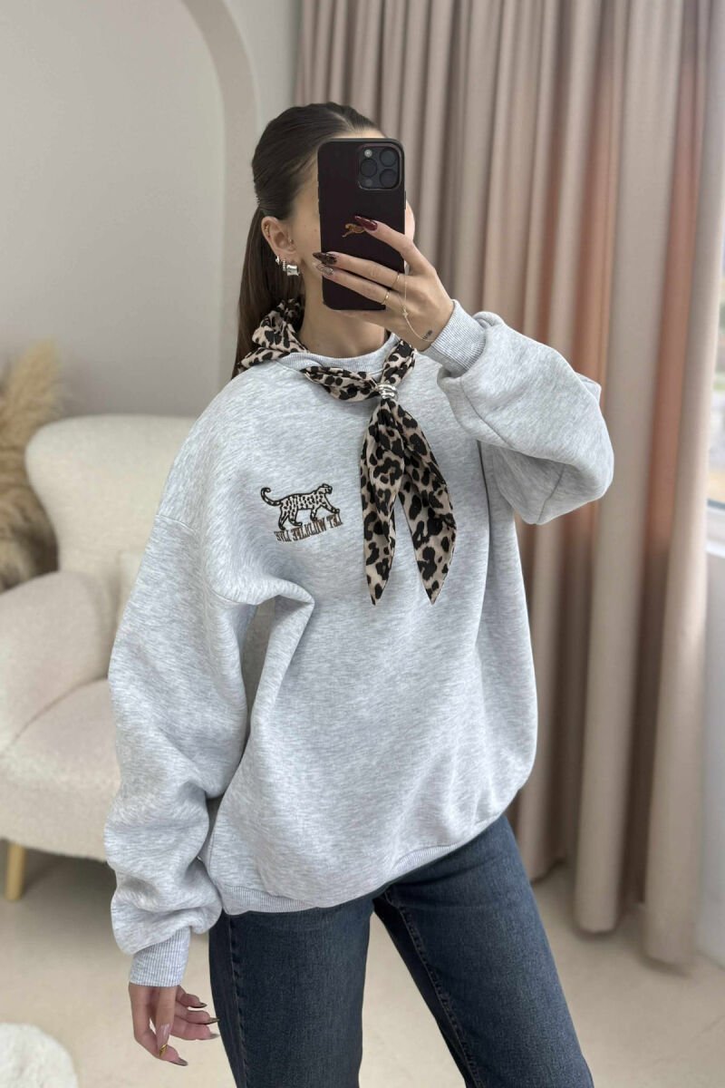 SCARF DETAIL LEO PRINT FLUFFY WOMEN SWEATSHIRT LIGHT GREY/GZ - 1