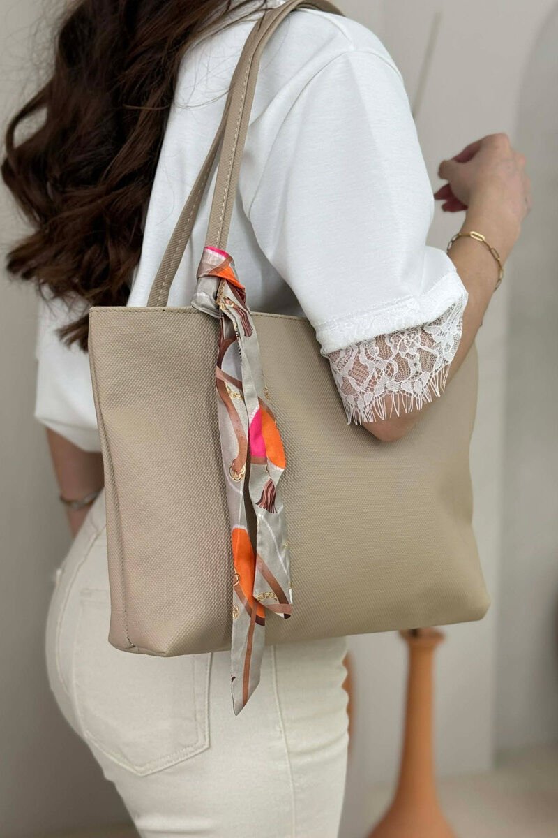SCARF DETAIL ONE COLOR SIMPLE WOMEN BAG BEIGE/BEZHE - 4