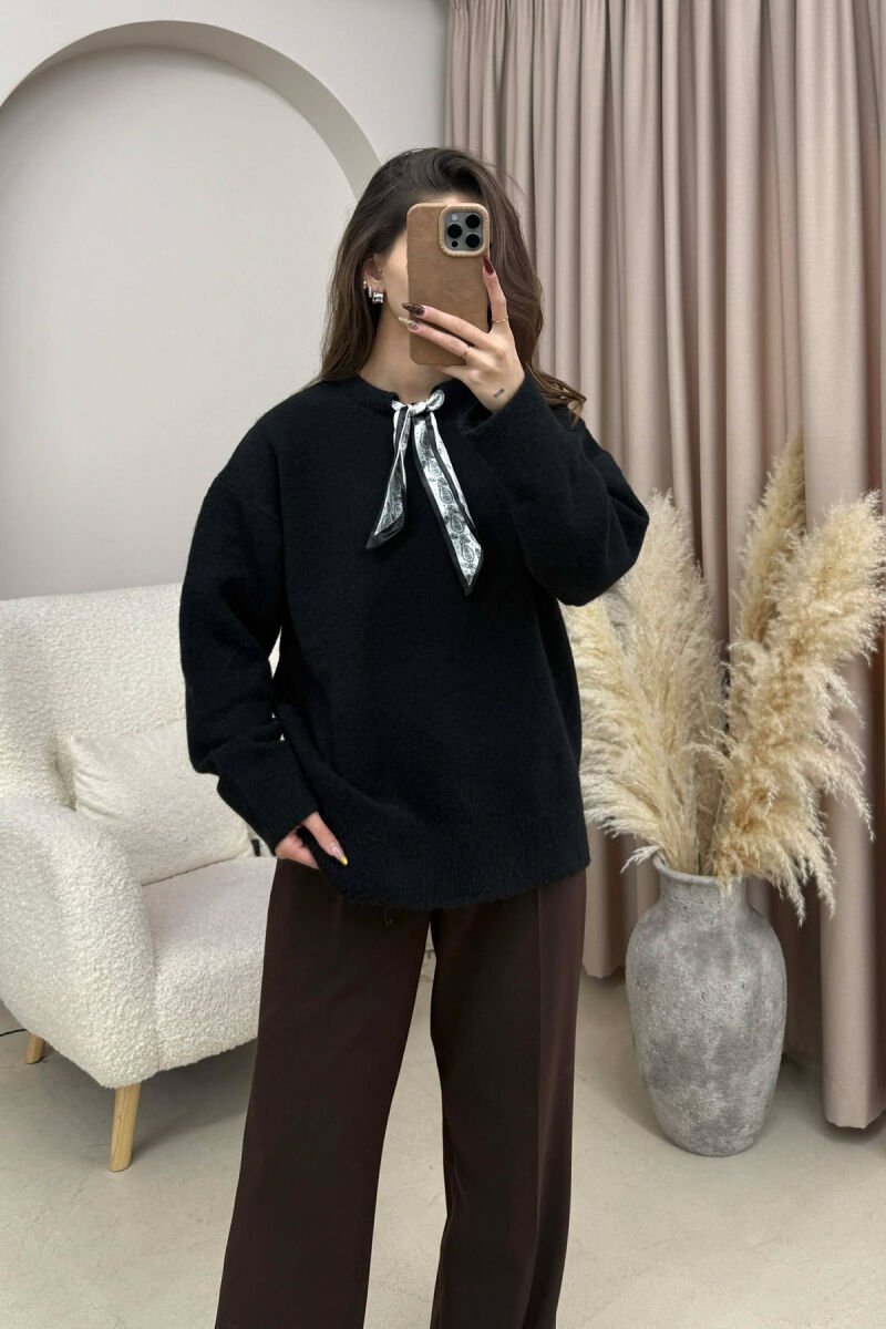 SCARF DETAIL ONE COLOR WOMEN SWEATER BLACK/ E ZEZE - 4