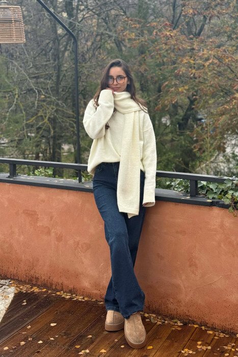 SCARF DETAIL ONE COLOR WOMEN SWEATER CREAM/KREM - 1