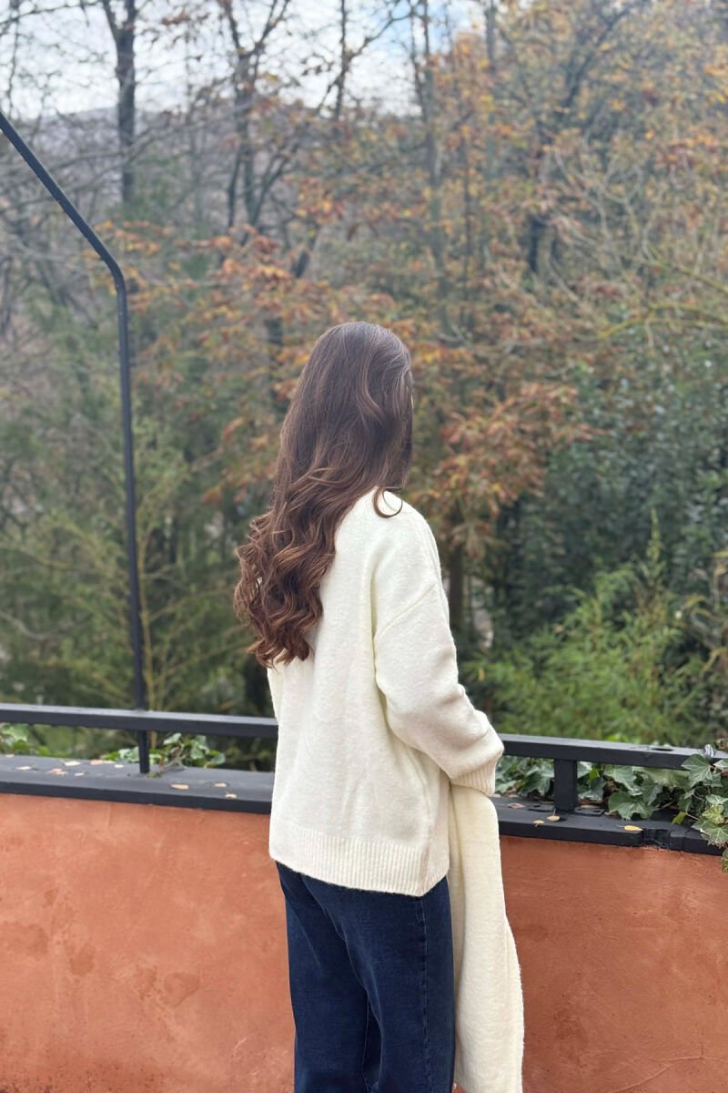 SCARF DETAIL ONE COLOR WOMEN SWEATER CREAM/KREM - 3