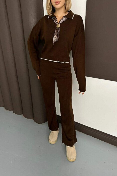 SCARF DETAIL SWEATER+TROUSERS WOMEN SET BROWN/KAFE - 1