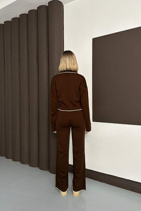 SCARF DETAIL SWEATER+TROUSERS WOMEN SET BROWN/KAFE - 2