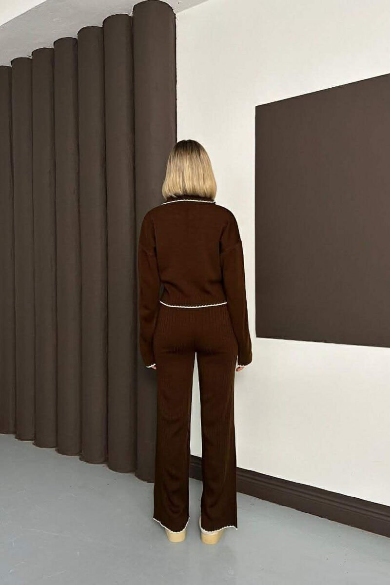 SCARF DETAIL SWEATER+TROUSERS WOMEN SET BROWN/KAFE - 2