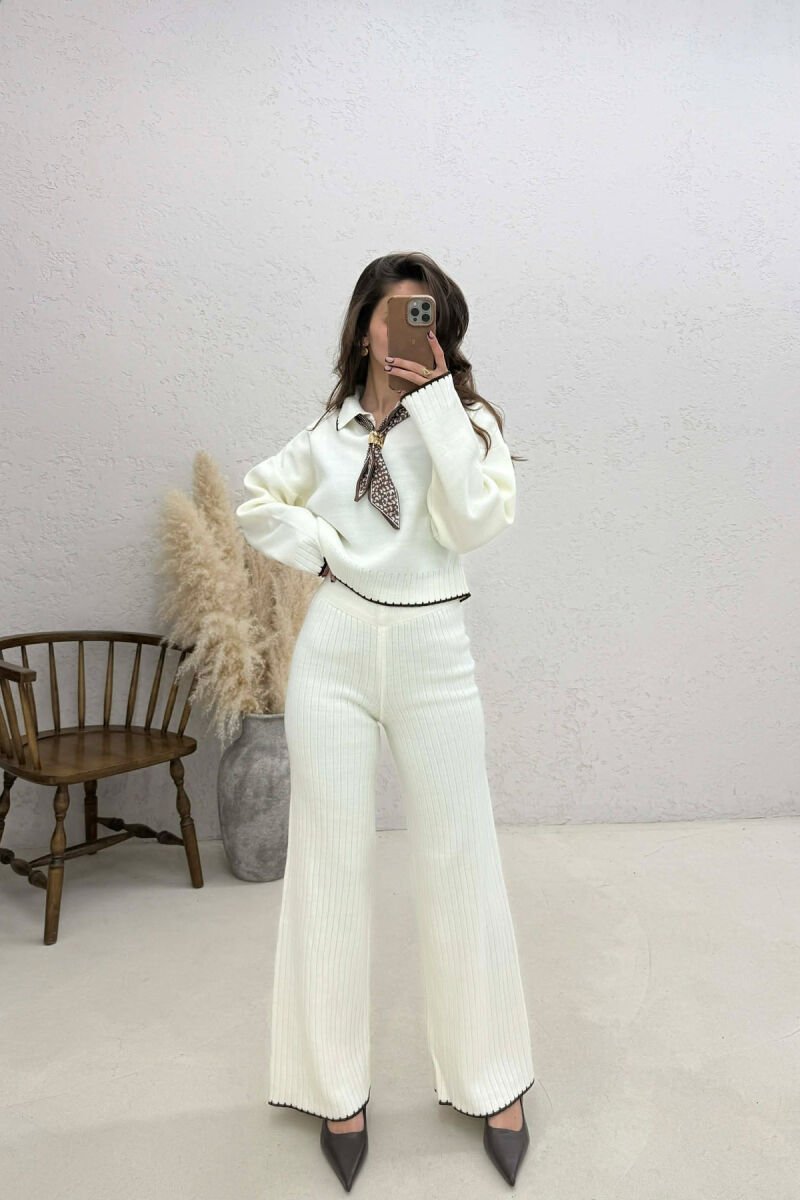 SCARF DETAIL SWEATER+TROUSERS WOMEN SET WHITE-E BARDHE - 1