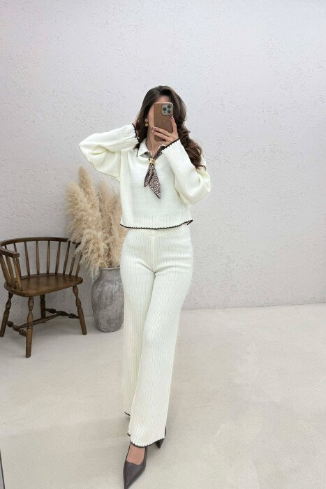 SCARF DETAIL SWEATER+TROUSERS WOMEN SET WHITE-E BARDHE - 2