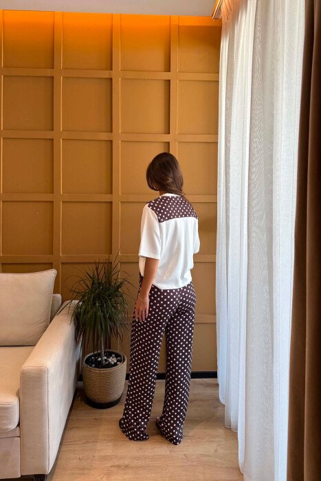 SCARF DETAIL T-SHIRT + TROUSERS WOMAN SET WHITE-BROWN/BAKA - 3