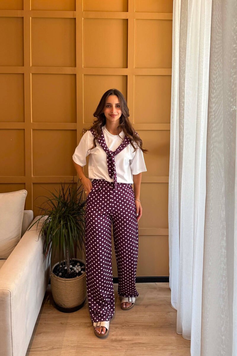 SCARF DETAIL T-SHIRT + TROUSERS WOMAN SET WHITE + PURPLE/ BA+ LEJ - 1