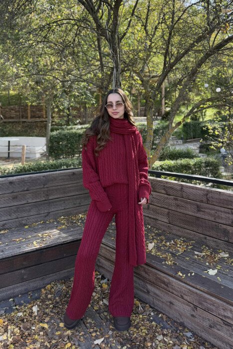SCARF+SWEATER+TROUSERS BRAIDS KNIT WOMEN SET BURGUNDY/VISHNJE - 1