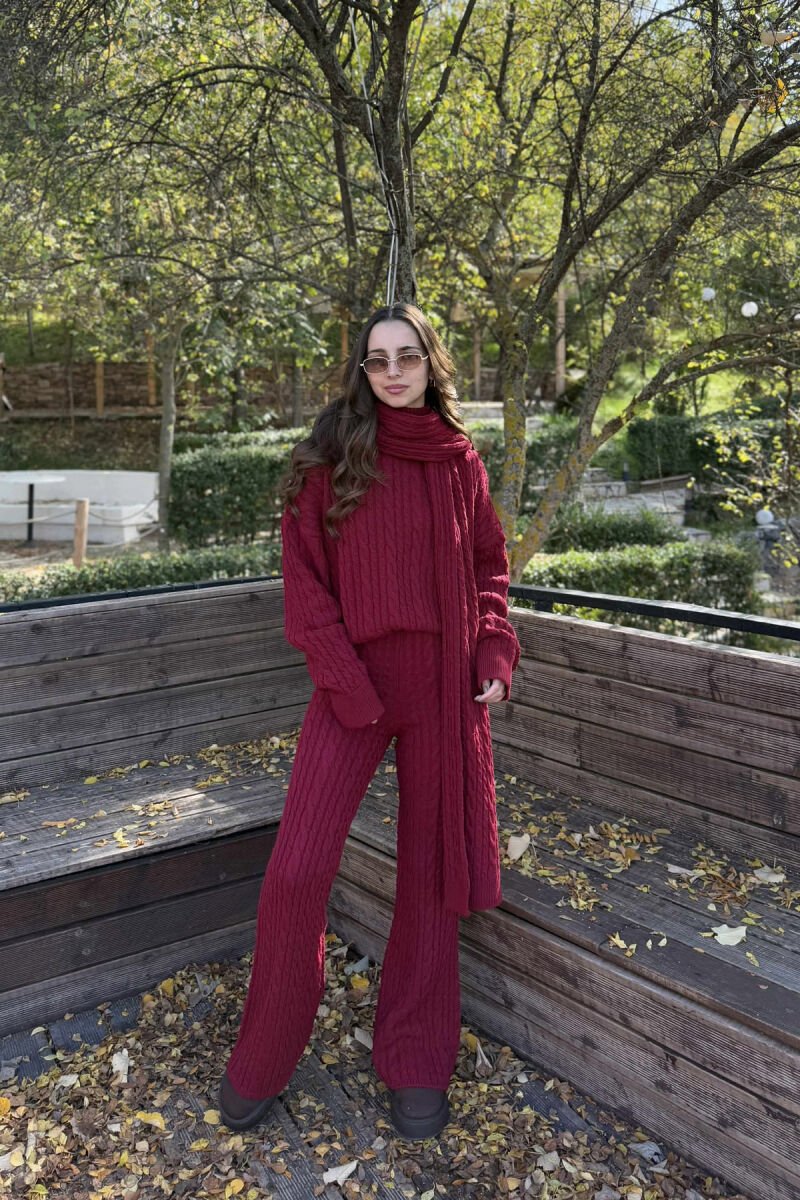 SCARF+SWEATER+TROUSERS BRAIDS KNIT WOMEN SET BURGUNDY/VISHNJE - 1