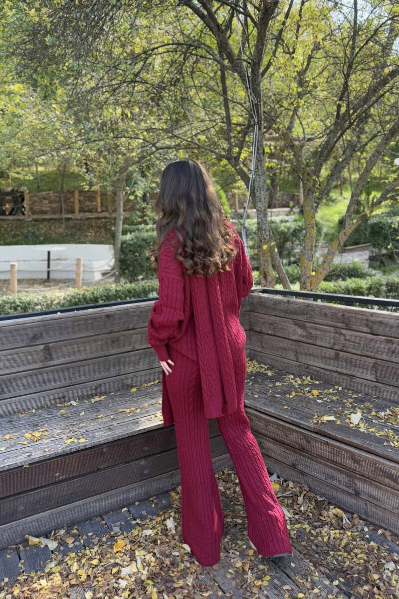 SCARF+SWEATER+TROUSERS BRAIDS KNIT WOMEN SET BURGUNDY/VISHNJE - 3