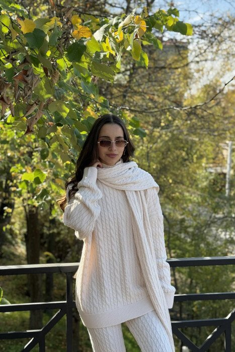 SCARF+SWEATER+TROUSERS BRAIDS KNIT WOMEN SET CREAM/KREM - 2