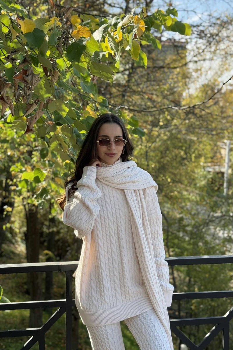 SCARF+SWEATER+TROUSERS BRAIDS KNIT WOMEN SET CREAM/KREM - 2